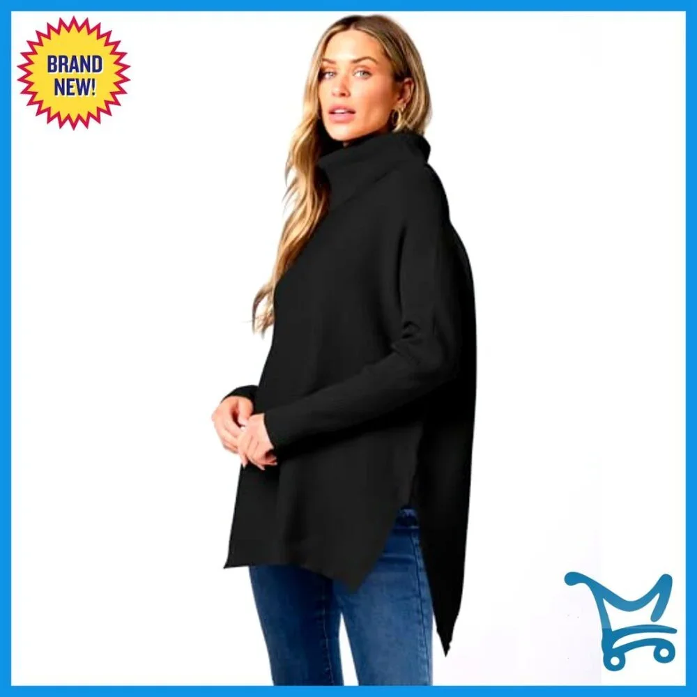 Oversized Turtleneck Batwing Sleeve Split Hem Knit Pullover Sweater - Picture 4 of 7